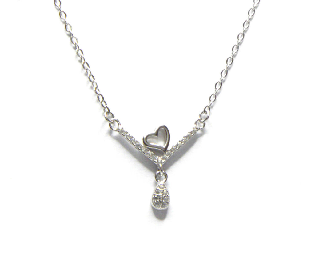 שרשרת כסף 925 עם תליון לב ותליון טיפה משובץ
